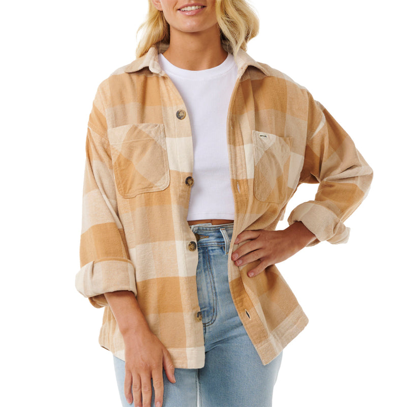 Load image into Gallery viewer, Rip Curl Women's La Isla Long Sleeve Button-Up Flannel Shirt - Beige 1