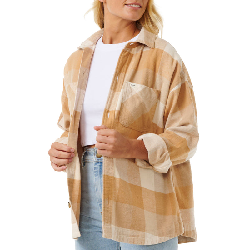 Load image into Gallery viewer, Rip Curl Women's La Isla Long Sleeve Button-Up Flannel Shirt - Beige 2