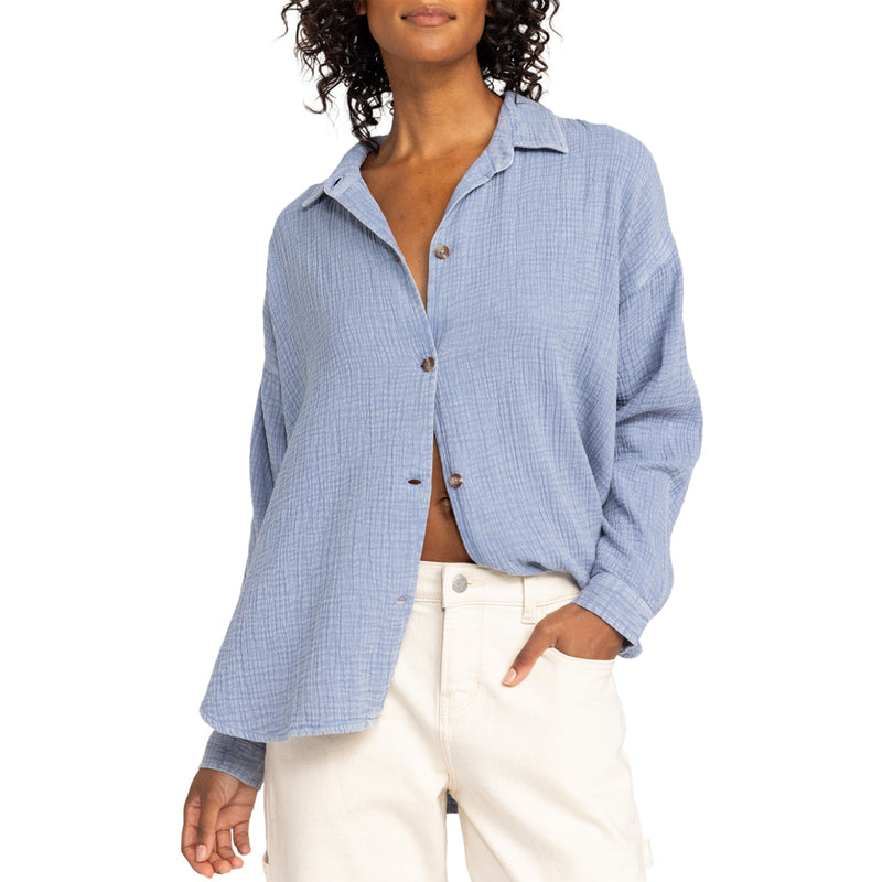 Load image into Gallery viewer, Roxy Women's Morning Time Washed Long Sleeve Button-Up Shirt 2
