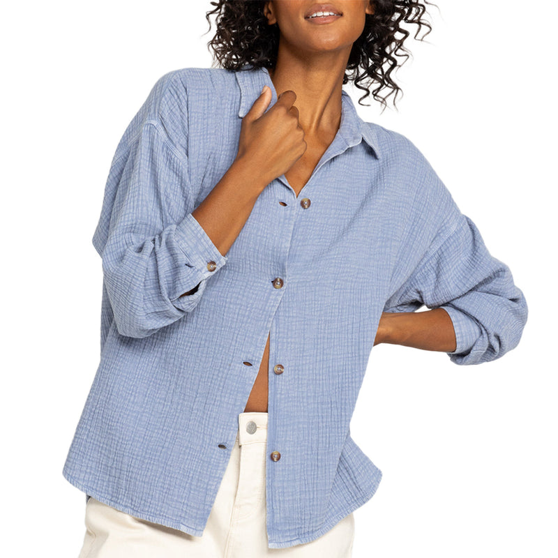 Load image into Gallery viewer, Roxy Women's Morning Time Washed Long Sleeve Button-Up Shirt 1