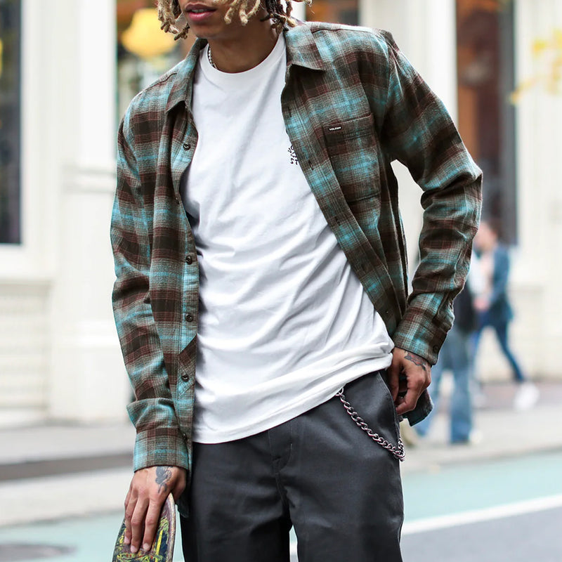 Load image into Gallery viewer, Volcom Caden Plaid Long Sleeve Button-Up Flannel Shirt - Tower Gray 9
