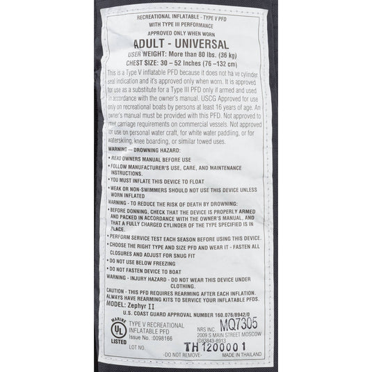 NRS Zephyr Inflatable PFD 17